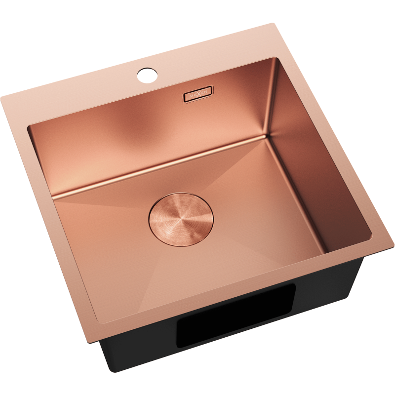 Stål Kjøkkenvask Mexen Solix i børstet kobber, sett ovenfra med avrundet avløp og hull til armatur.