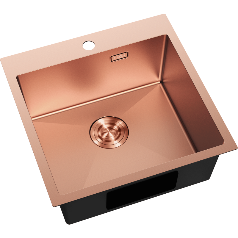 Kjøkkenvask Rustfritt Stål Mexen Solix i børstet kobber, én stor kum, skrå oversiktsvinkel.