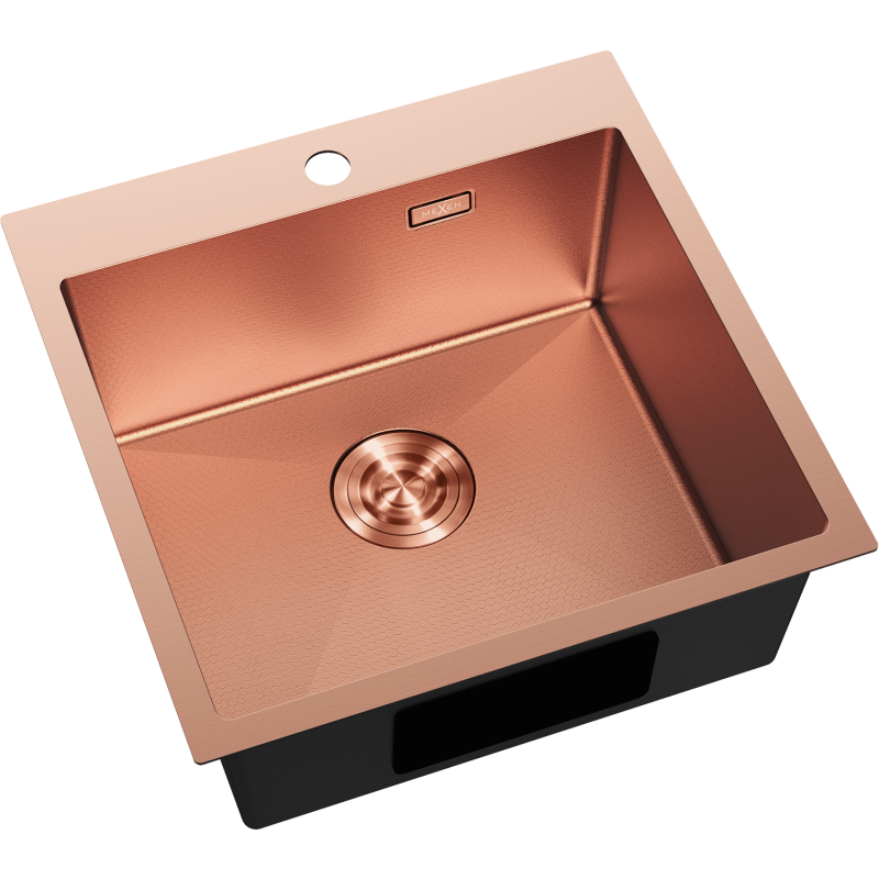 Kjøkkenvask Rustfritt Stål i børstet kobberfinish, firkantet design og avrundet avløp sett ovenfra.