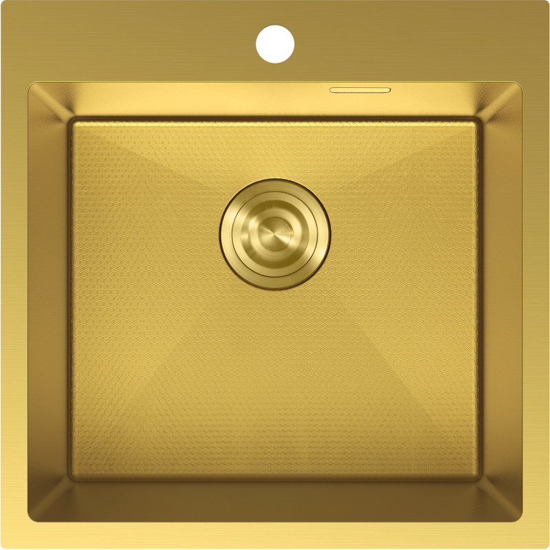 Stålvask Mexen Solix gull 500 x 500 mm sett ovenfra med strukturert overflate og sentrert avløp.