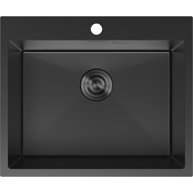 Stålvask Mexen Solix 600 x 500 mm i matt svart, sett ovenfra med rund avløp og hull til blandebatteri.