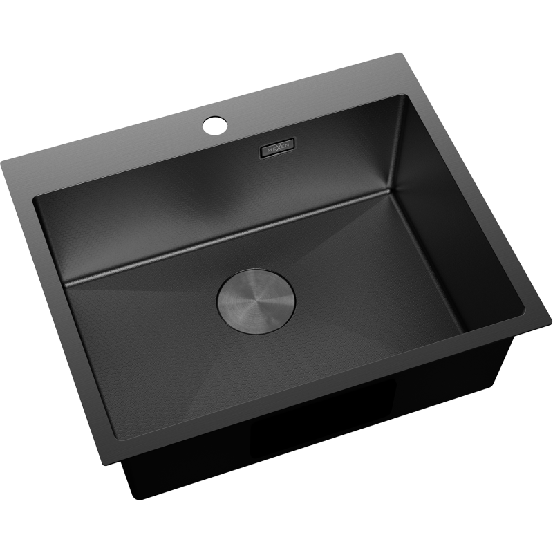 Stål Kjøkkenvask Mexen Solix svart 600x500 mm sett ovenfra med rund avløp og hull til blandebatteri.