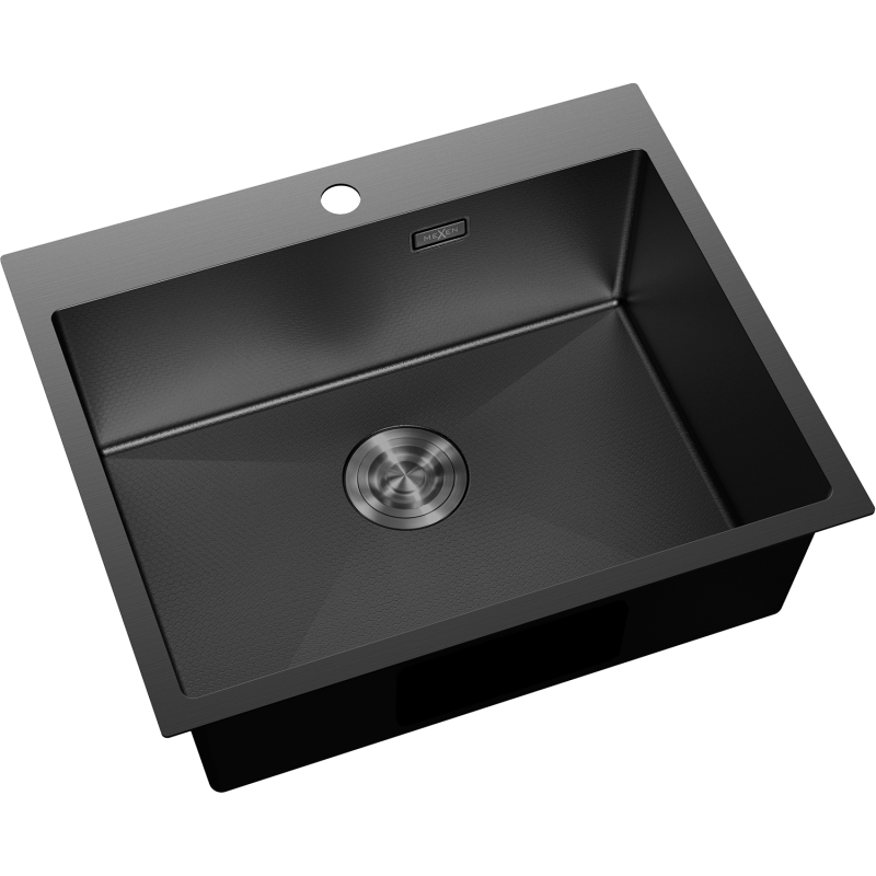 Kjøkkenvask Rustfritt Stål Mexen Solix svart 600x500 mm, sett ovenfra med avløp og hull for blandebatteri.