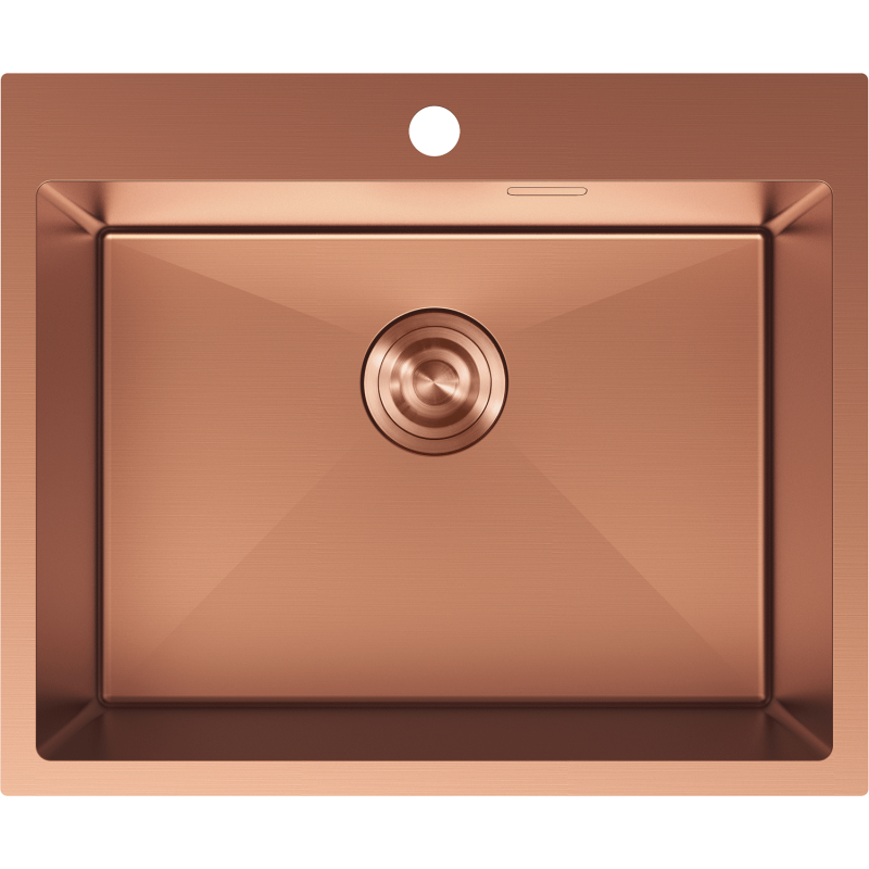 Stålvask Mexen Solix i børstet kobber, rektangulær med synlig bunnventil sett ovenfra.