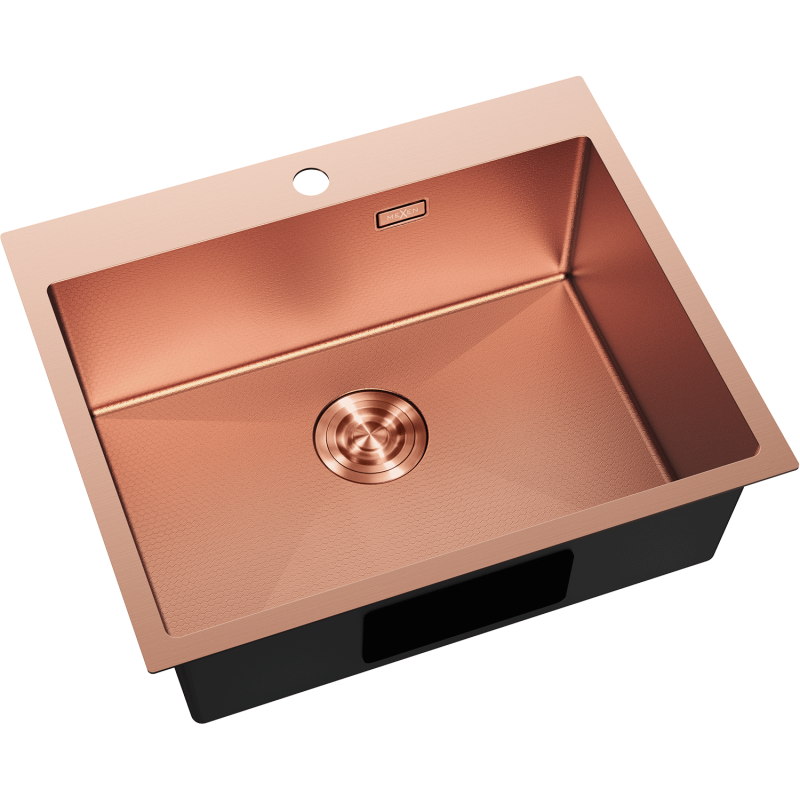 Kjøkkenvask Rustfritt Stål Mexen Solix i børstet kobber, sett ovenfra med sentrert bunnventil.