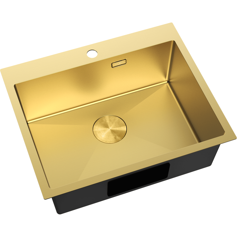 Stål Kjøkkenvask Mexen Solix i gull, rektangulær med 1 kum, sett skrått ovenfra.
