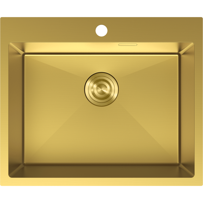 Stålvask Mexen Solix i børstet gull, 600 x 500 mm, sett ovenfra med sentrert sluk og armaturåpning.