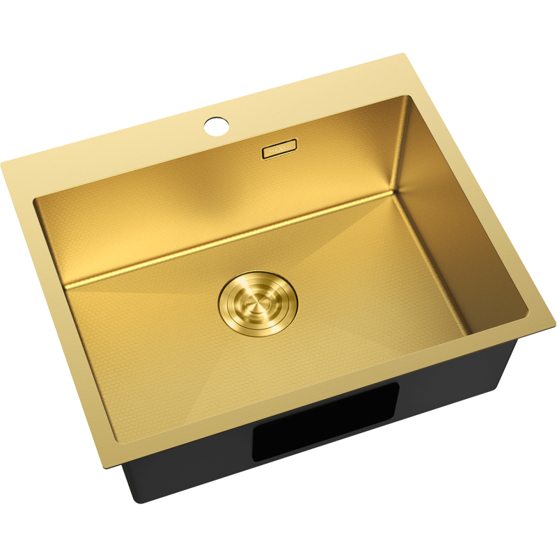Kjøkkenvask Rustfritt Stål gullfarget Mexen Solix 600x500 mm sett ovenfra med senteravløp og avrundede hjørner.