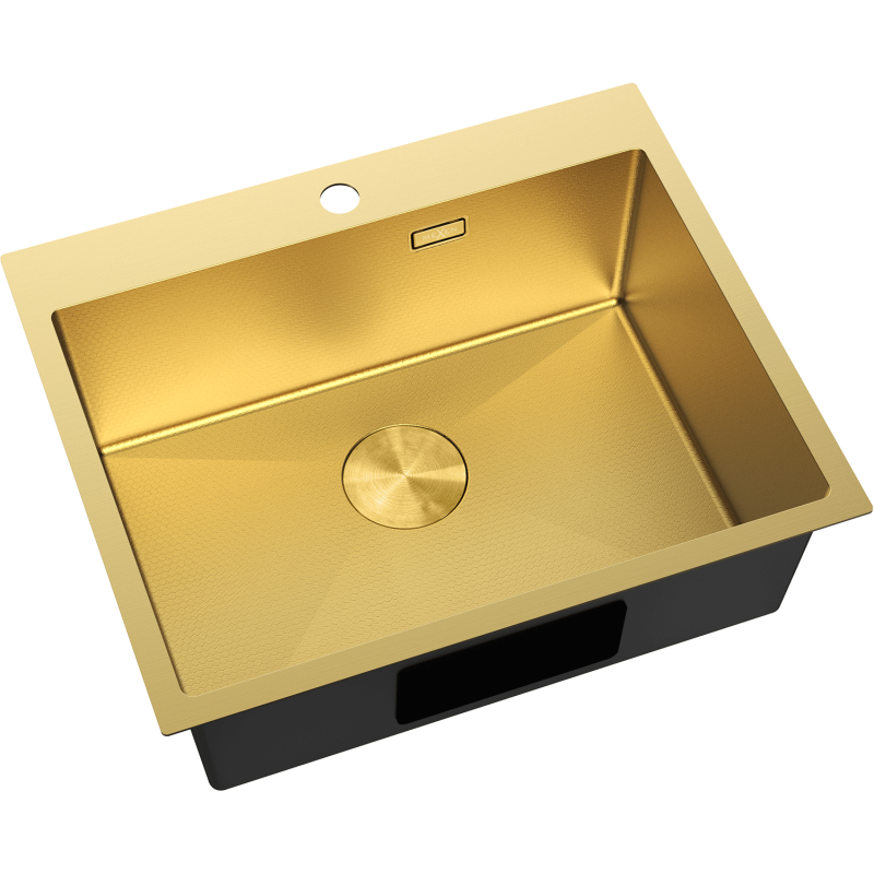 Stål Kjøkkenvask Mexen Solix gull 600 x 500 mm, sett ovenfra med avrundede hjørner og bunnventil.