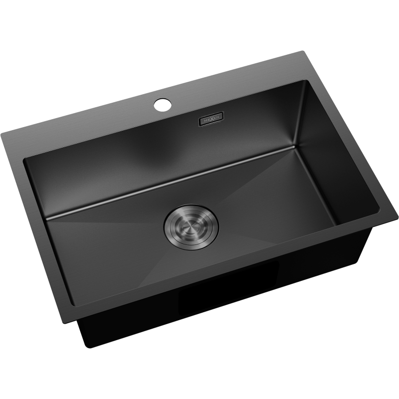 Kjøkkenvask Rustfritt Stål Mexen Solix 650x450 mm i matt svart med rund bunnsil, sett ovenfra.