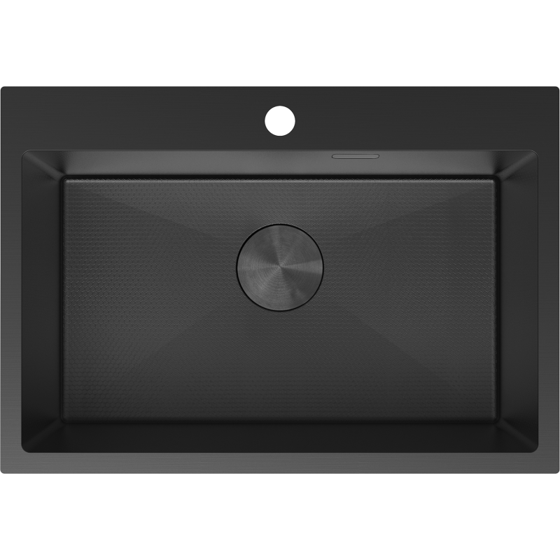 Kjøkkenvask i stål Mexen Solix svart, rektangulær, sett ovenfra med rund avløpsrist i midten.