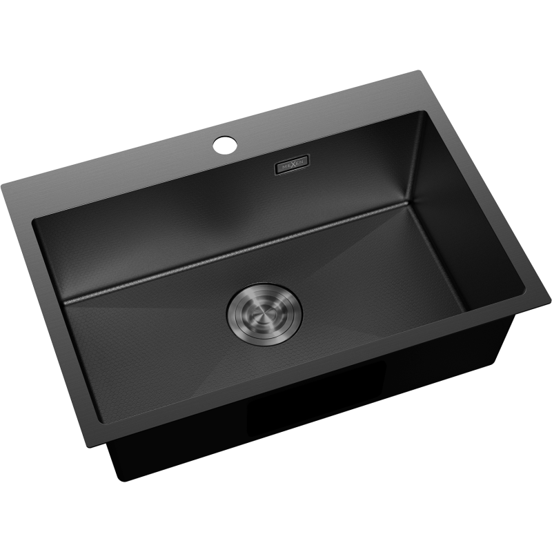 Kjøkkenvask Rustfritt Stål svart Mexen Solix 650x450 mm med rund avløpsåpning og hull for blandebatteri.