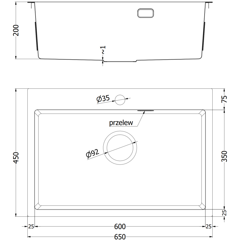 Kjøkkenvask i stål teknisk tegning med mål, overløp og armaturhull for Mexen Solix 650 x 450 mm.