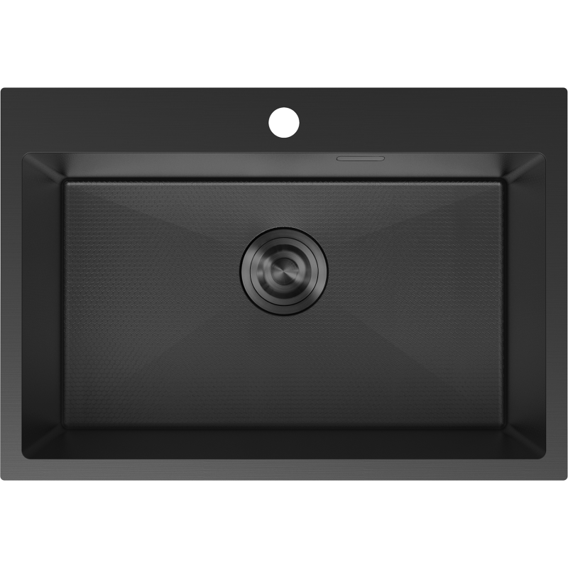 Stålvask Mexen Solix svart kjøkkenvask 650 x 450 mm, sett ovenfra med midtplassert avløp.