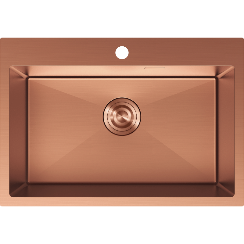 Stålvask Mexen Solix i børstet kobber, rektangulær med sentrert rund avløp, sett ovenfra.