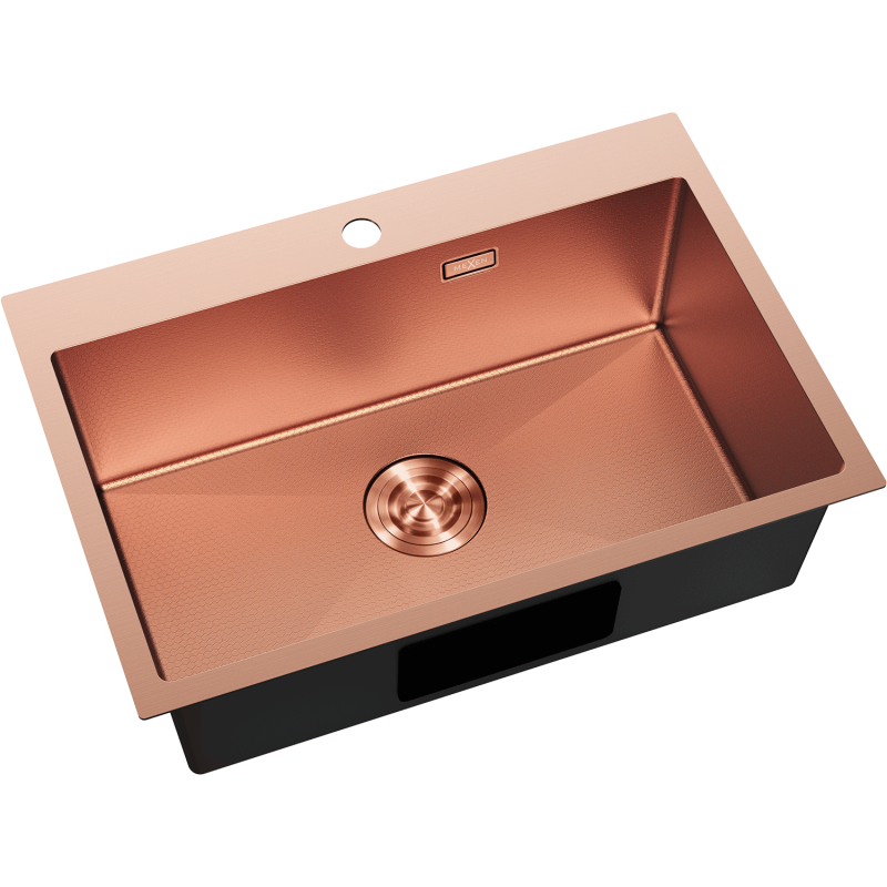 Kjøkkenvask Rustfritt Stål Mexen Solix 650x450 mm i børstet kobber, skrå ovenfra med overløp og avløp.