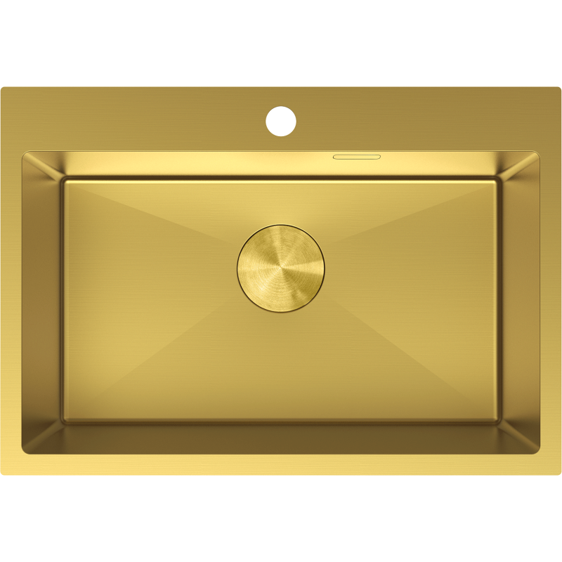 Kjøkkenvask i stål Mexen Solix 650 x 450 mm i børstet gull, sett ovenfra med slukdeksel og hull for blandebatteri.