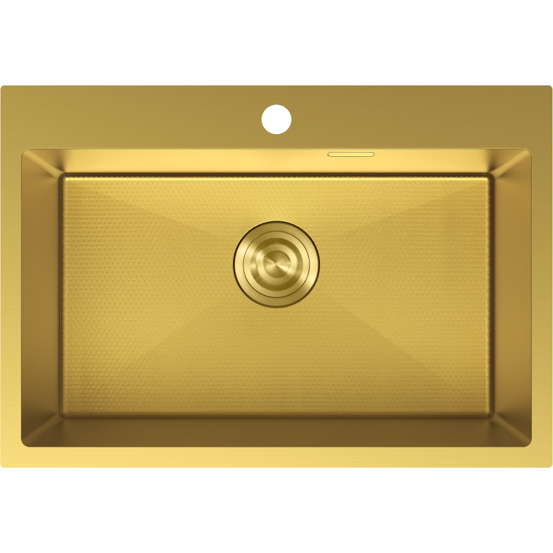 Stålvask Mexen Solix i børstet gull, rektangulær 1 kum, sett ovenfra med synlig rund bunnventil.