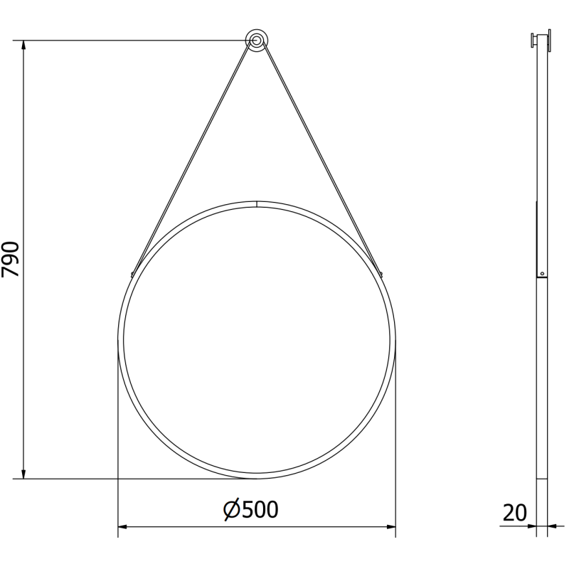 Baderomsspeil rund 50 x 50 cm teknisk strekillustrasjon med mål og svart aluminiumsramme.