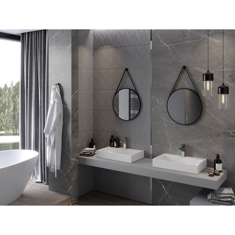 Speil baderom rund Mexen String 50 x 50 cm med svart aluminiumsramme over hvite servanter.