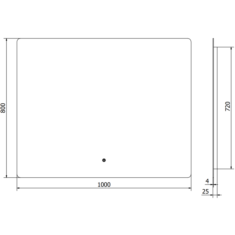 Speil med lys teknisk tegning av rektangulært LED-speil 100x80 cm med mål og tykkelse angitt.