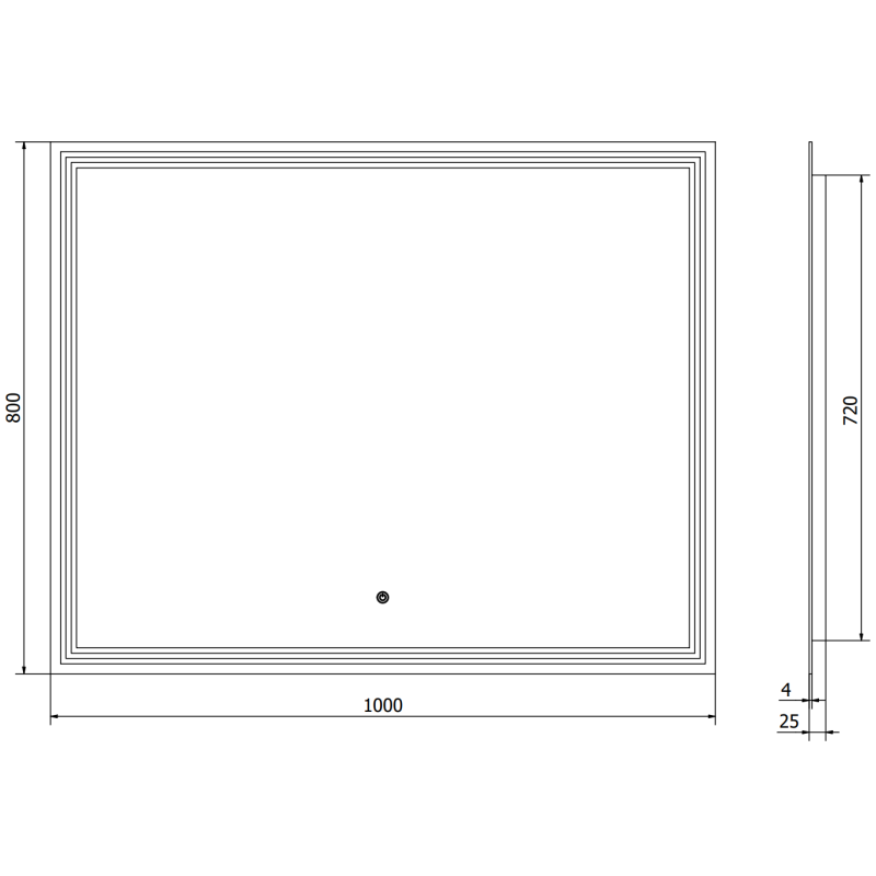 Speil med lys teknisk strektegning av rektangulært LED-speil 100 x 80 cm med mål og detaljer.