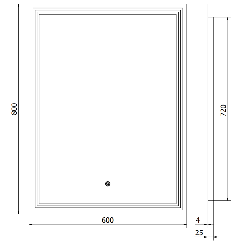 Speil med lys teknisk tegning av Mexen Taco LED-speil 60 x 80 cm med mål og tykkelse på 25 mm.