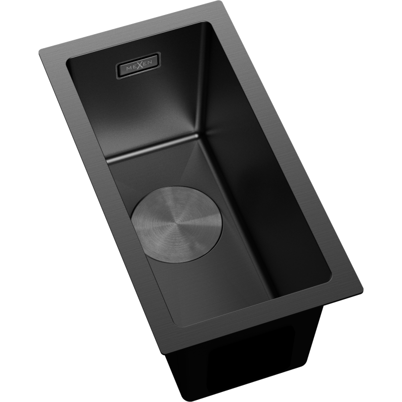 Stål Kjøkkenvask Mexen Trixo svart, rektangulær med rund bunnventil og diskret logo, sett i vinkel.