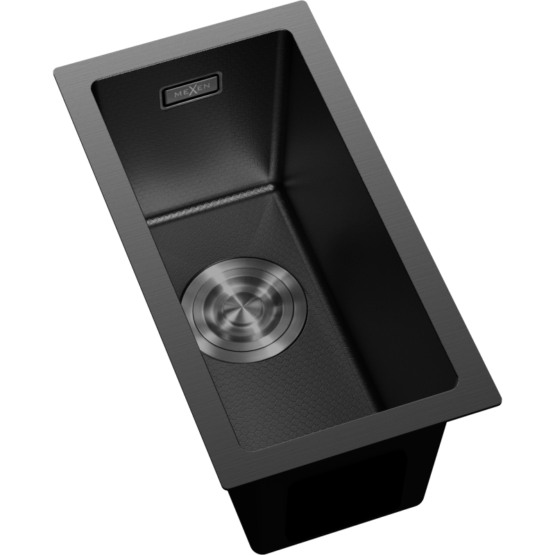 Kjøkkenvask Rustfritt Stål svart Mexen Trixo 230 x 440 mm sett ovenfra med synlig avløp.