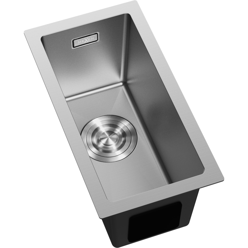 Kjøkkenvask Rustfritt Stål Mexen Trixo med rektangulær kum, synlig avløp og børstet overflate.