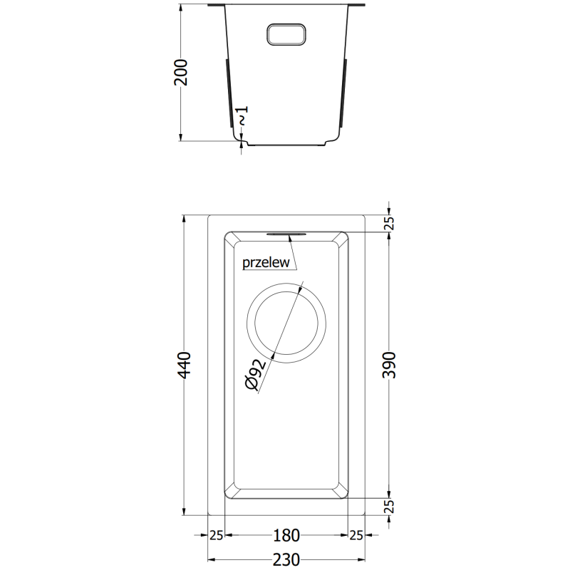 Kjøkkenvask i stål teknisk tegning av Mexen Trixo 230 x 440 mm med mål, avløp og overløp.