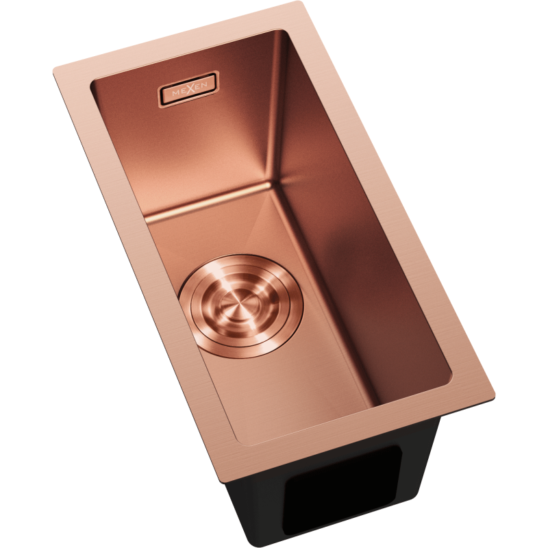 Kjøkkenvask Rustfritt Stål Mexen Trixo i børstet kobber, rektangulær med synlig avløp og skarpe linjer.
