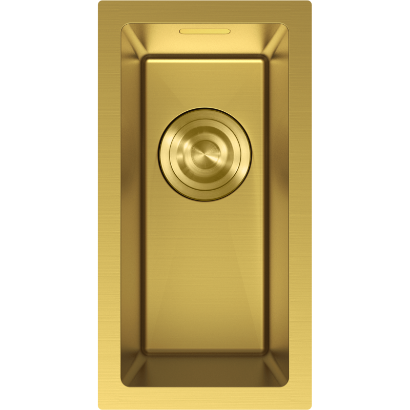 Stålvask Mexen Trixo 230 x 440 mm i børstet gull med avrundede hjørner og sentrert avløp.