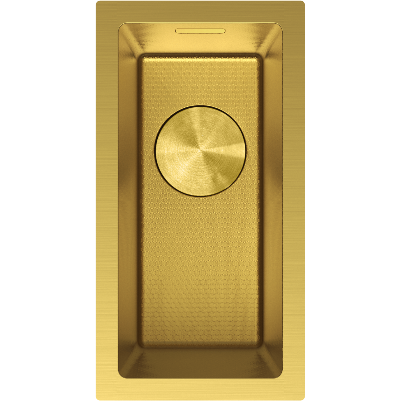 Kjøkkenvask i stål Mexen Trixo gullfarget, rektangulær med strukturert bunn og rund avløpsdeksel.