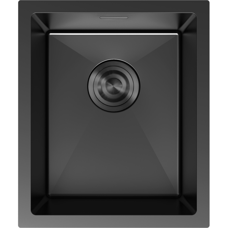 Stålvask Mexen Trixo svart 370 x 440 mm sett ovenfra med avrundet hjørne og sentrert avløp.