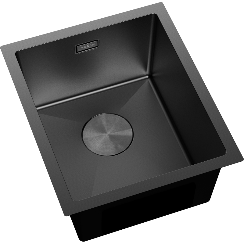 Stål Kjøkkenvask Mexen Trixo svart med avrundede hjørner og rund avløpsrist sett fra skrå vinkel.