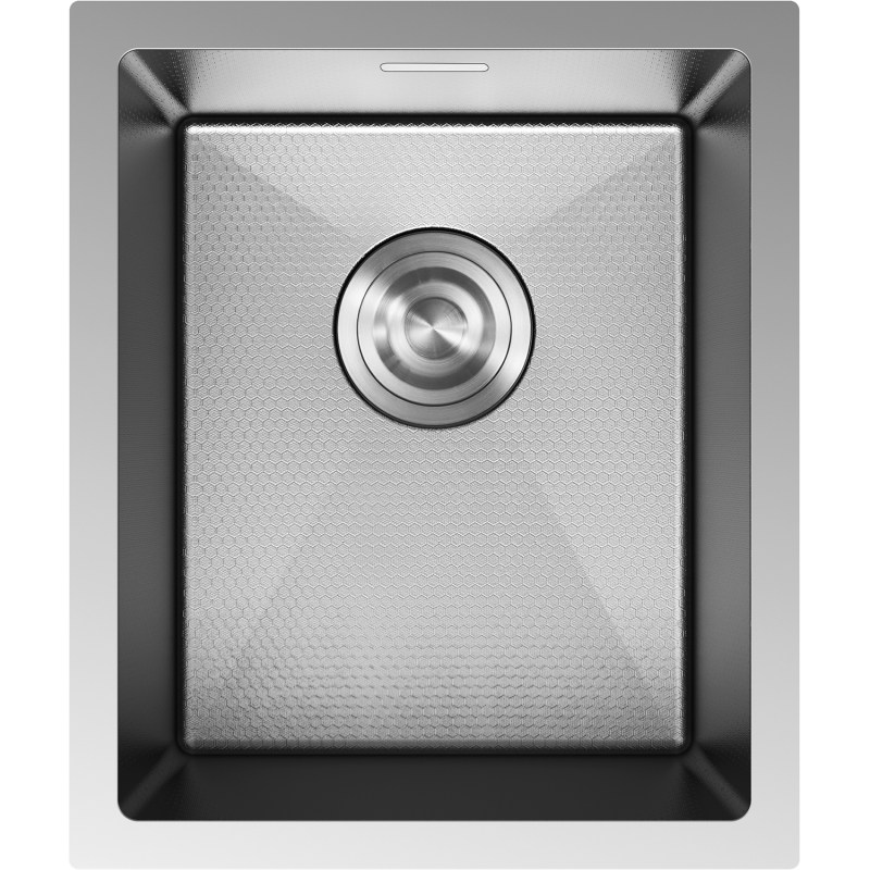 Stålvask Mexen Trixo 370 x 440 mm sett ovenfra med bikubemønstret bunn og sentrert avløp.