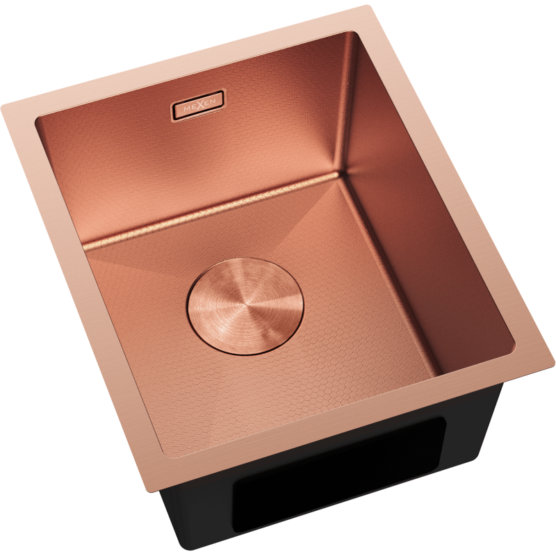 Stål Kjøkkenvask Mexen Trixo i kobber, sett ovenfra med sekskantmønster og integrert bunnventil.