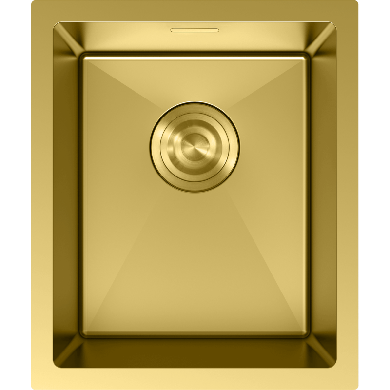 Stålvask Mexen Trixo i børstet gull, rektangulær form med avrundede hjørner sett ovenfra.