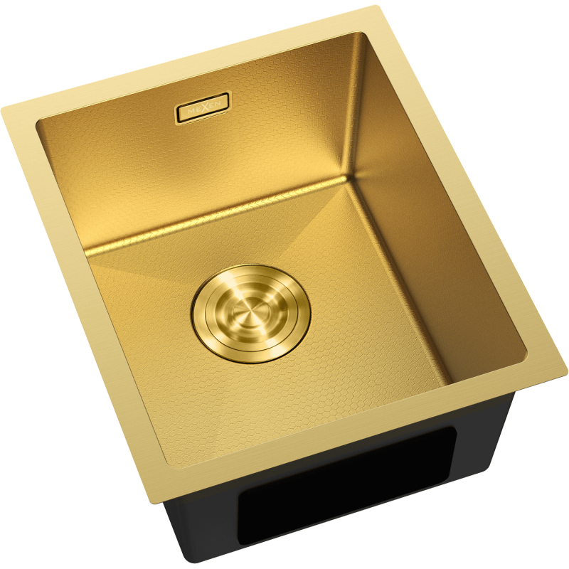 Kjøkkenvask Rustfritt Stål i gull, firkantet design med dyp kum og strukturert overflate, sett ovenfra.