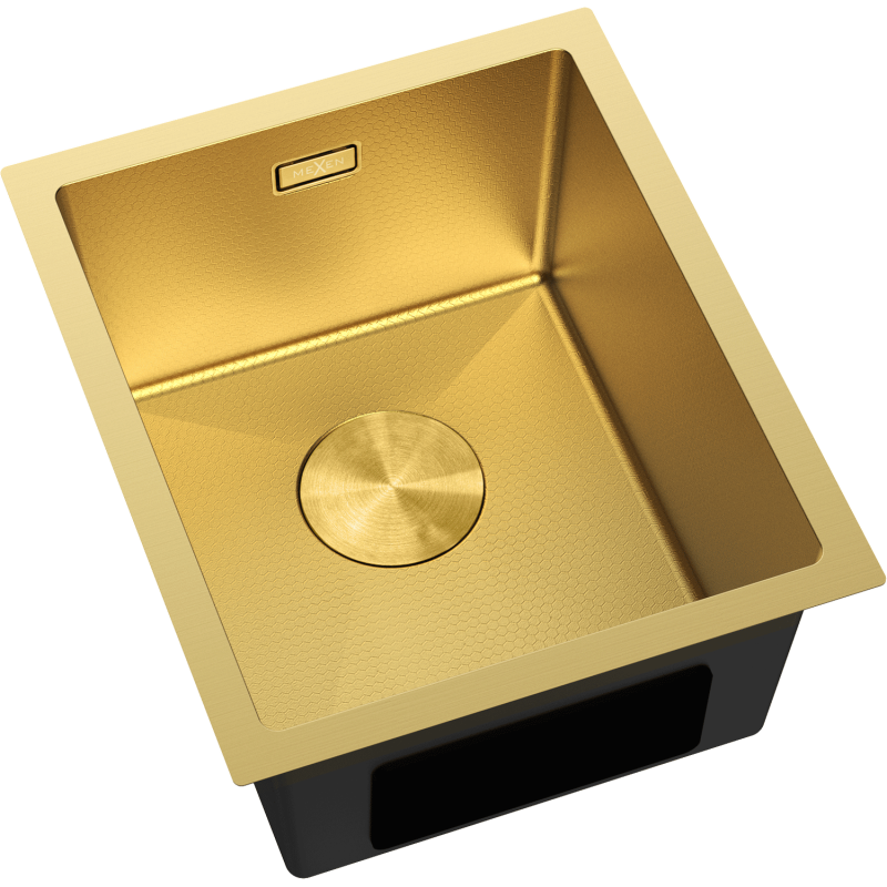 Stål Kjøkkenvask Mexen Trixo i gull med sekskantmønster, sett skrått ovenfra med rund bunnrist.