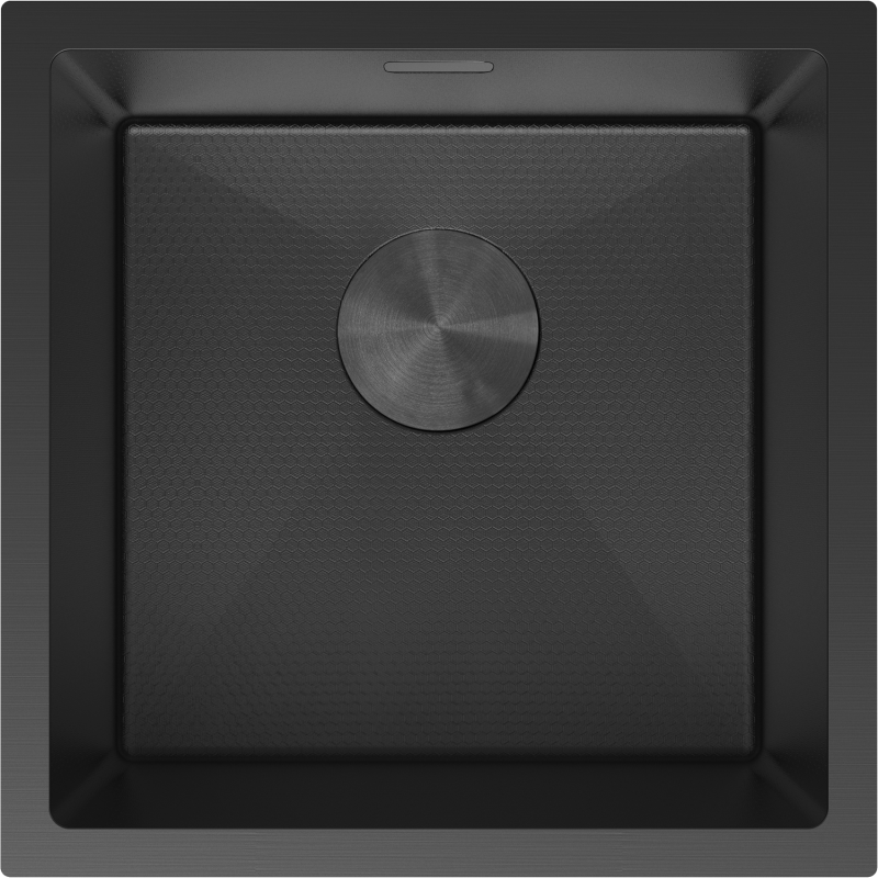 Kjøkkenvask i stål fra Mexen Trixo, svart firkantet modell sett ovenfra med rund bunnventil.