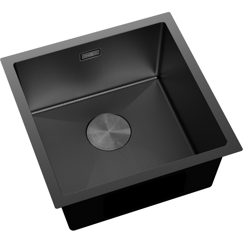 Stål Kjøkkenvask Mexen Trixo svart 440x440 mm sett ovenfra med strukturert overflate og rund avløpsrist.