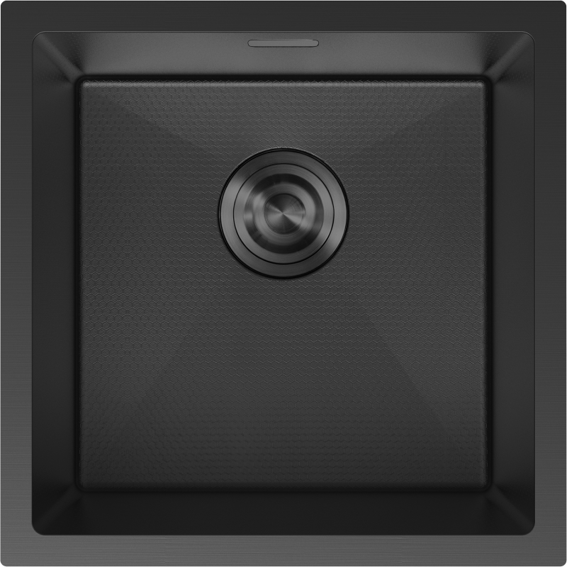 Stålvask Mexen Trixo 440 x 440 mm i matt svart finish, sett ovenfra med sentrert avløp.