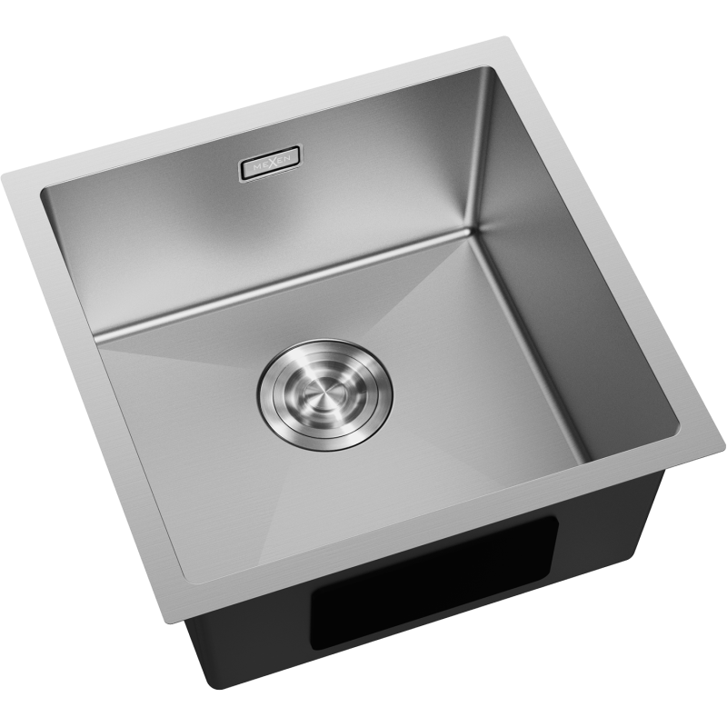 Kjøkkenvask Rustfritt Stål Mexen Trixo 440x440 mm sett skrått ovenfra med sentrert avløp.