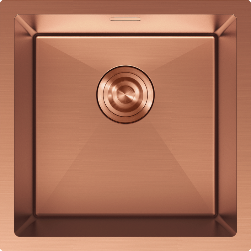 Stålvask Mexen Trixo 440 x 440 mm i kobber med børstet overflate og sentrert avløp, sett ovenfra.