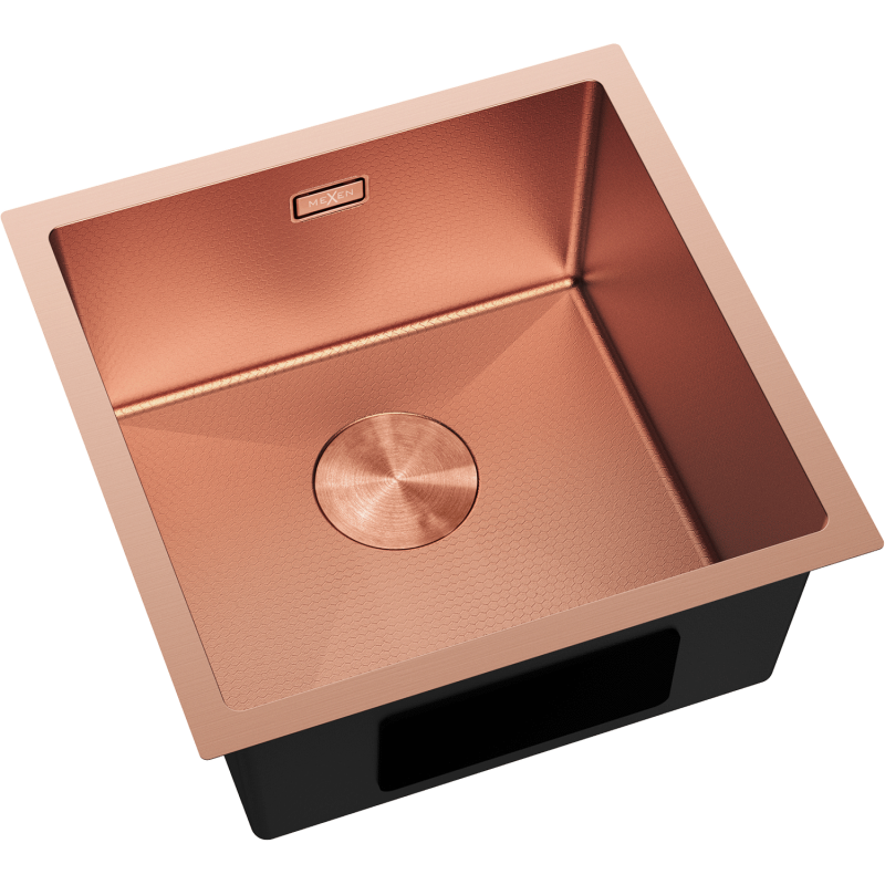 Stål Kjøkkenvask Mexen Trixo 440 x 440 mm i børstet kobber, sett ovenfra på skrå med rund avløpsrist.