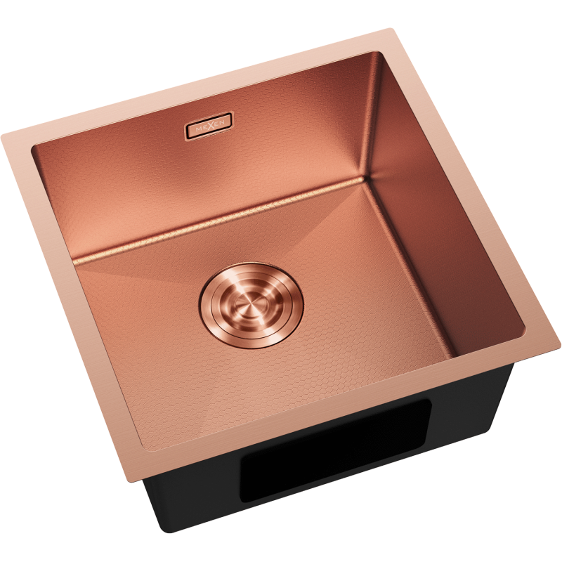 Kjøkkenvask Rustfritt Stål 440 x 440 mm i børstet kobber, sett ovenfra med rund avløpssil.