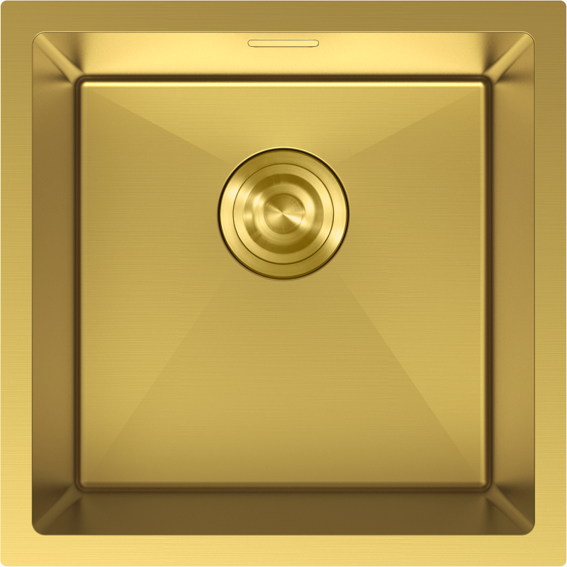 Stålvask Mexen Trixo 440 x 440 mm i gull sett ovenfra med rund bunnventil og minimalistisk design.