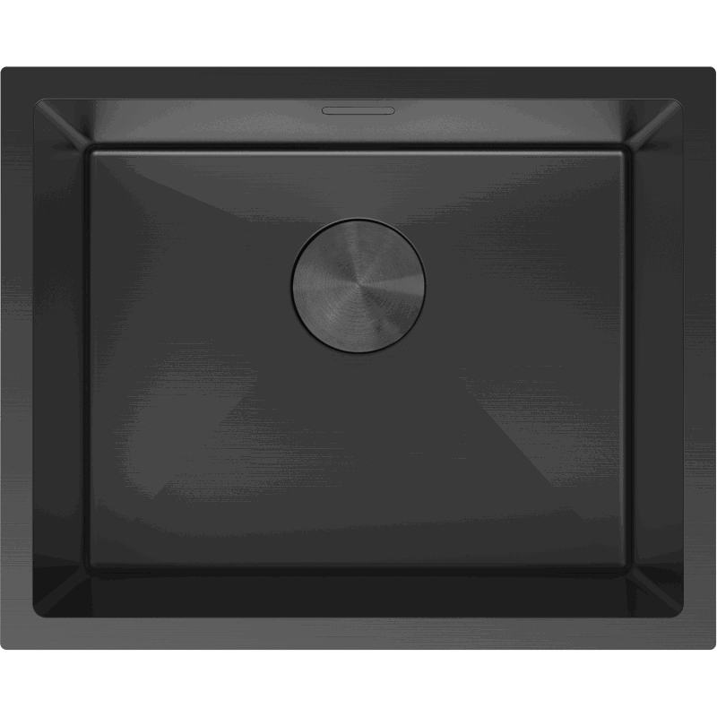 Kjøkkenvask i stål 540 x 440 mm, matt svart, 1 kum, sett ovenfra med sentrert bunnventil.